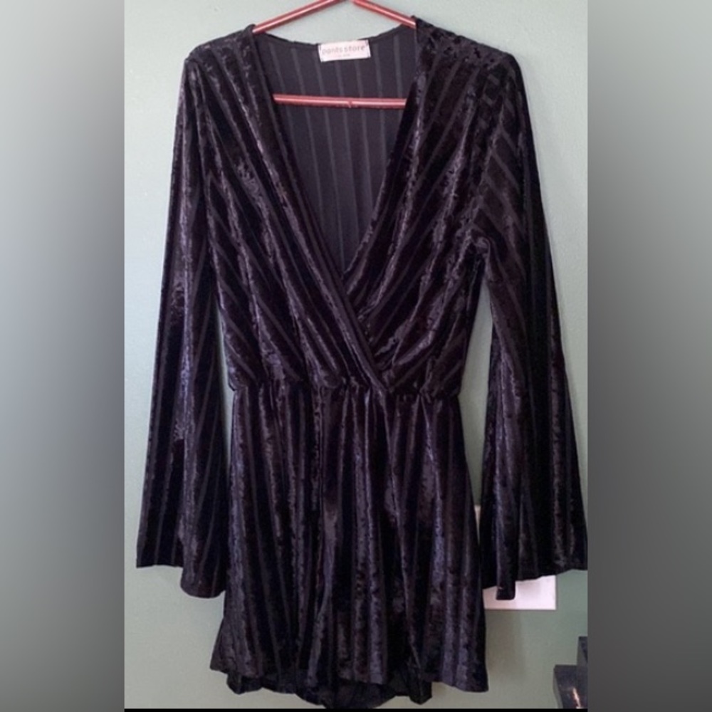 Pants Store black velvet ribbed vneck wrapped top bell long sleeves party romper